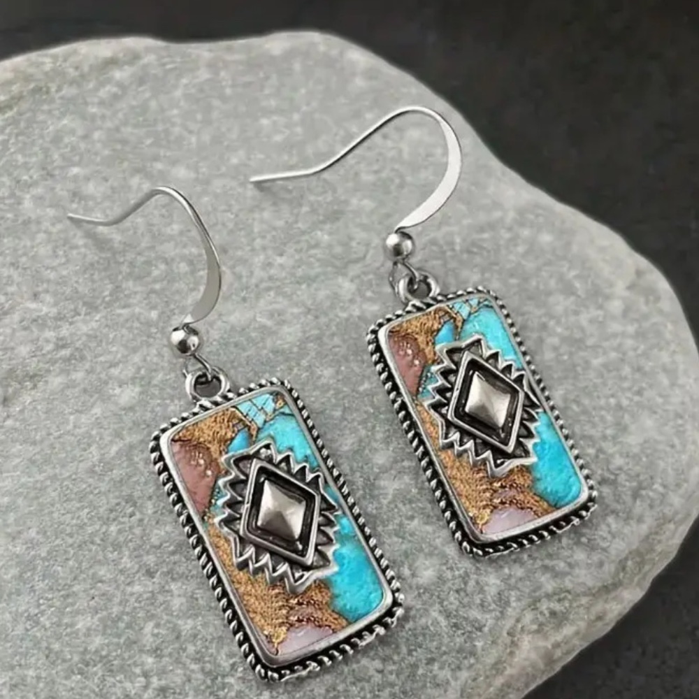 Silver Plated Turquoise & brown coloured stone earring - western boho - NEW